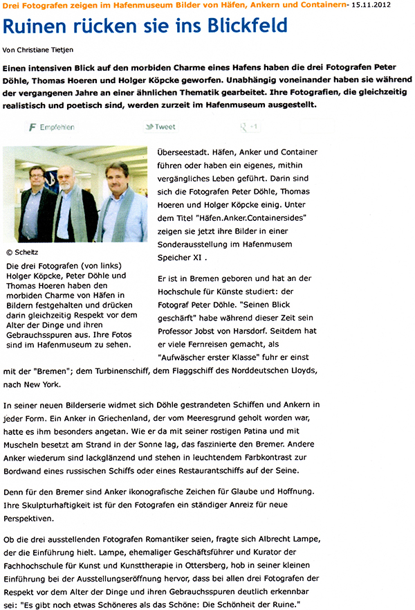 Artikel im WESER-KURIER, Bremen vom 15.11.2012