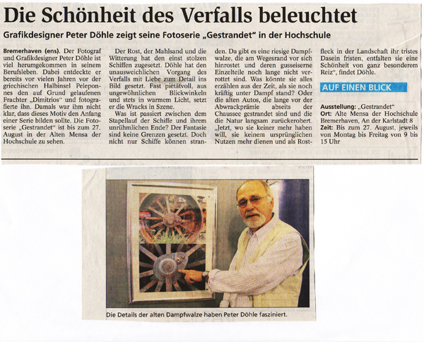 Artikel in der NORDSEE-ZEITUNG, Bremerhaven vom 15.8.2009
